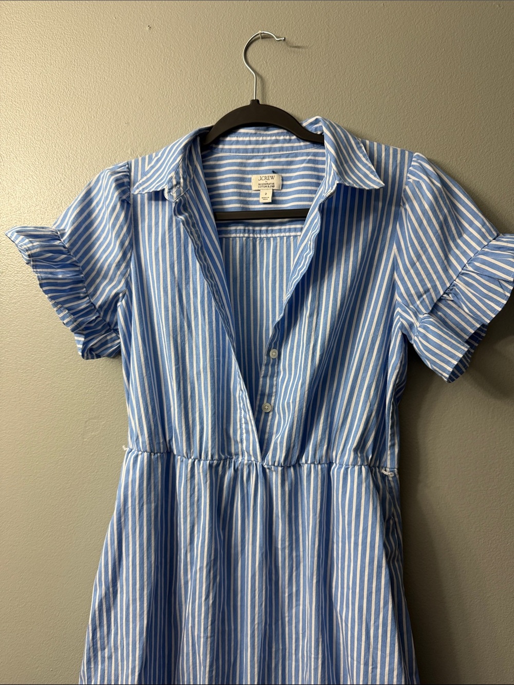 J.Crew Factory striped ruffle-sleeve shirt-dress in Sail Blue. 2 - Picture 4 of 8